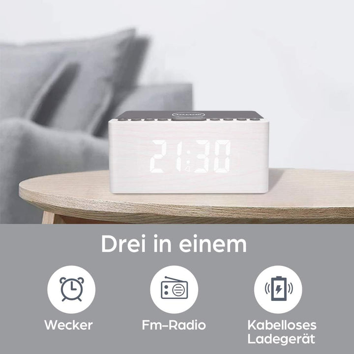 ANJANK Hölzerner Radio wecker Digital mit kabelloses Laden,10W Fast Wireless Charger for Iphone/Andr