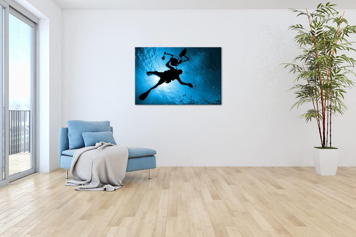 deyoli Taucher im tiefen Ozean Format 80x60 Effekt: Monocrome Blau als Leinwandbild, Motiv fertig ge