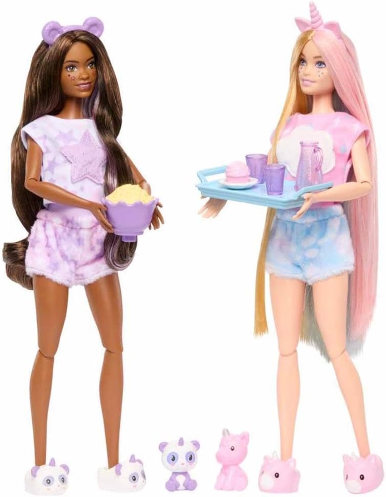 Barbie Cutie Reveal Pyjamaparty Deluxe Set - Über 35 Überraschungen inkl. 2 Puppen, 2 Haustiere, Far