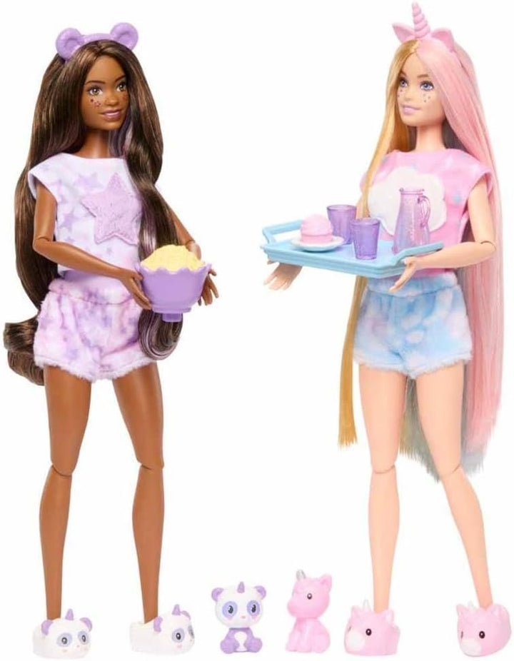 Barbie Cutie Reveal Pyjamaparty Deluxe Set - Über 35 Überraschungen inkl. 2 Puppen, 2 Haustiere, Far