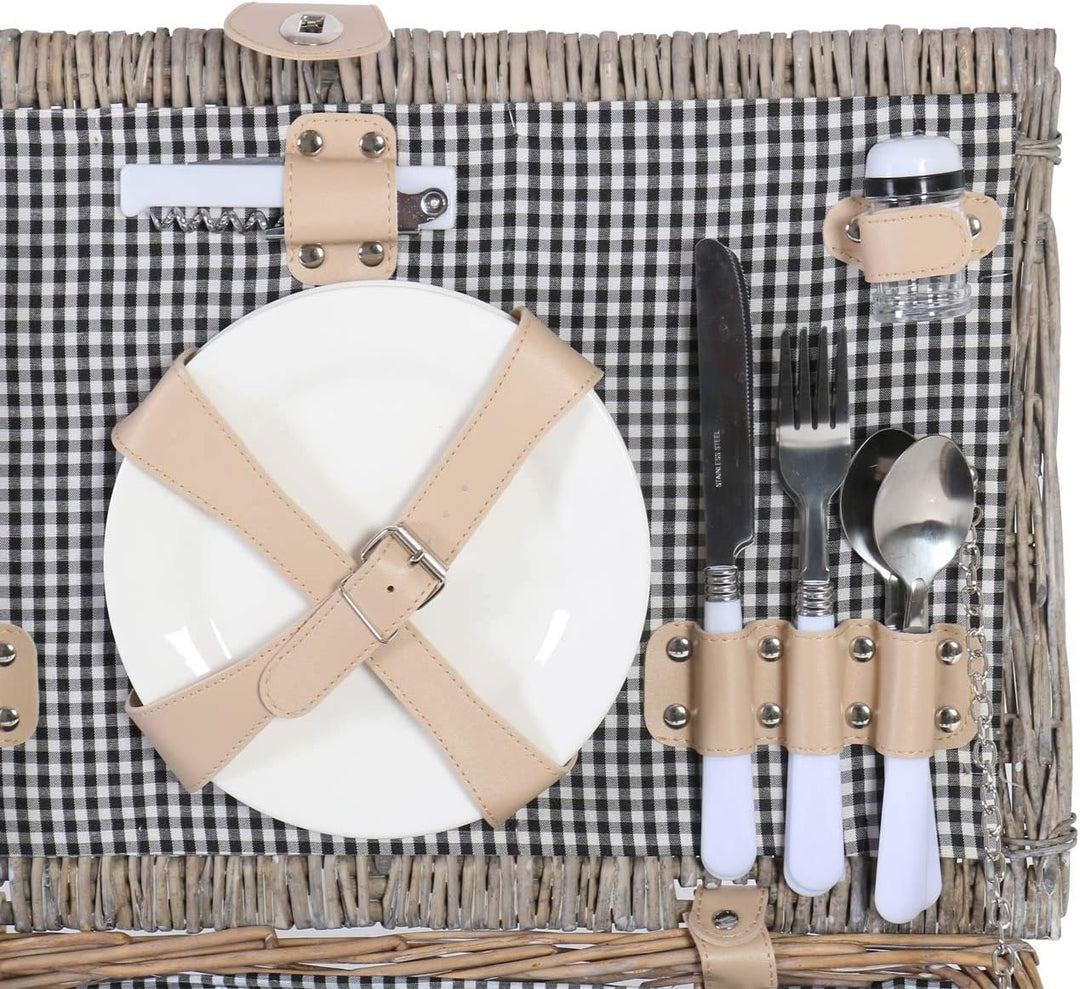 Mendler Picknickkorb-Set HWC-B24AM für 4 Personen, Weiden-Korb, Porzellan Edelstahl - schwarz-weiss,