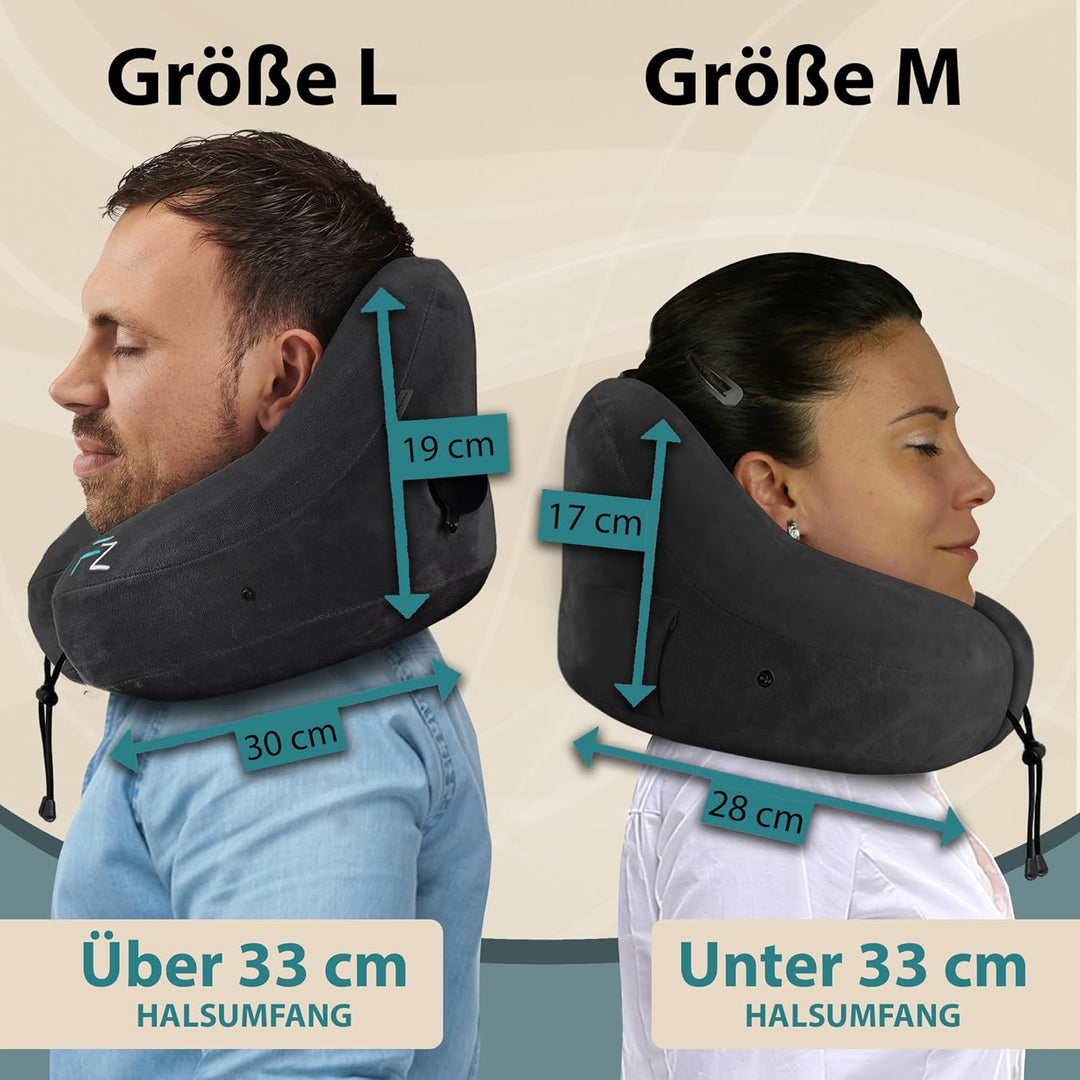 FLOWZOOM AIR Nackenkissen aufblasbar mit Kapuze - Reisekissen - Schnell aufblasbares Reise - Flugzeu