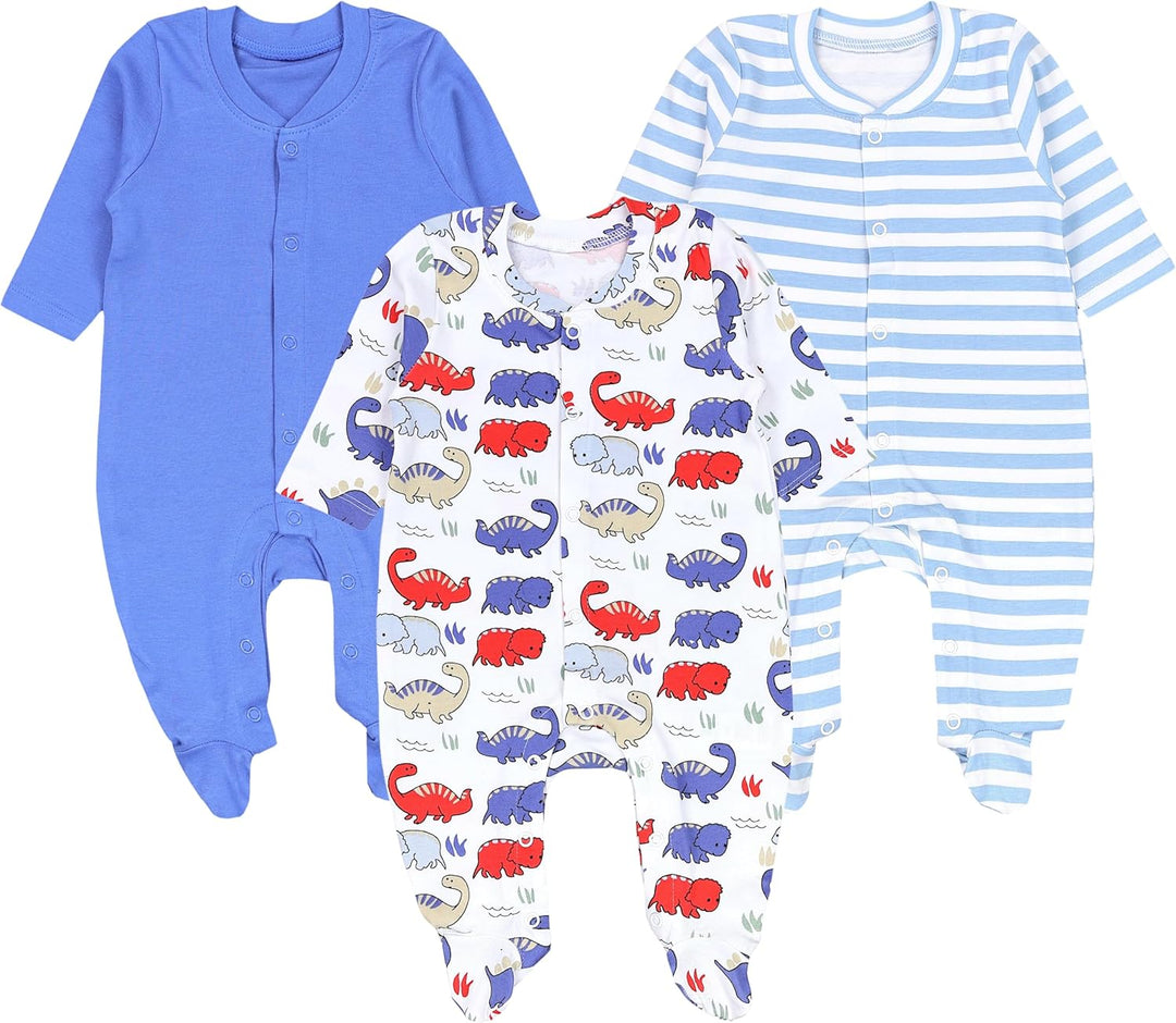 TupTam Baby Jungen Schlafstrampler mit Fuss 3-er Pack 50 Blau Grau Streifen Dino, 50 Blau Grau Strei