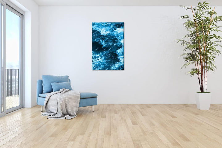 deyoli stürmische Wellen Format 100x70 Effekt: Monocrome Blau als Leinwandbild, Motiv fertig gerahmt