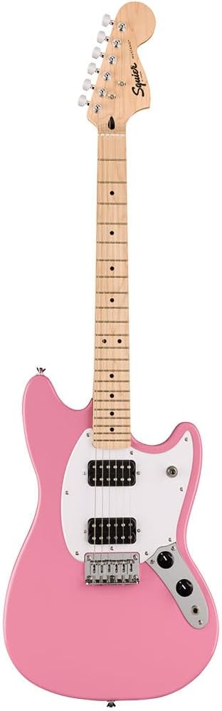 Squier by Fender Sonic Mustang® HH E-Gitarre, Griffbrett aus Ahorn, weisses Schlagbrett, Flash Pink