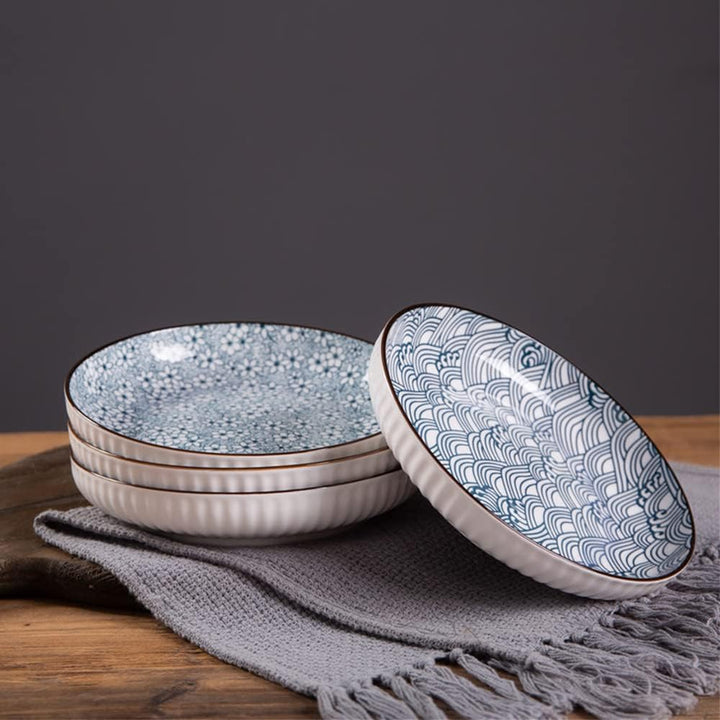 fanquare Pastateller 6er Set aus Keramik, Blau und Weiss Porzellan 20,5cm Speiseteller, Japanisches