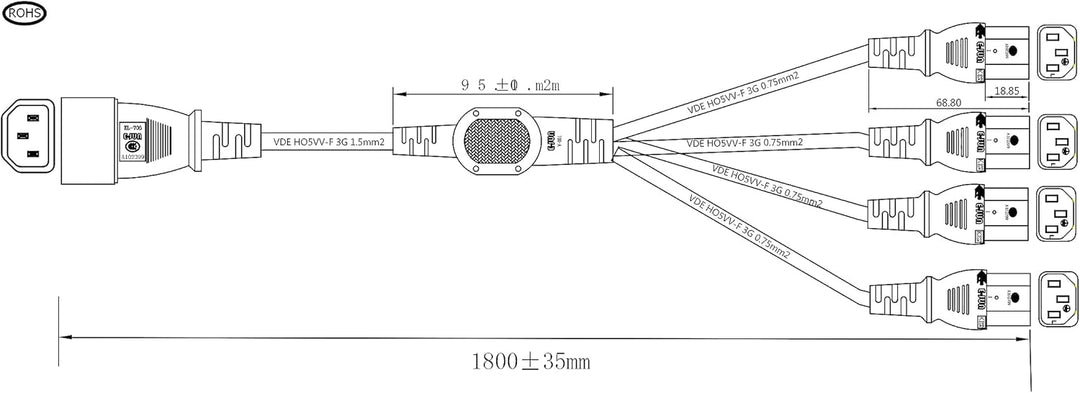 HT-Kabel UPS PDU Computer PC Stromverteilerkabel C14 bis 4 x C13 10A 250V Verlängerungskabel (1,8 m)