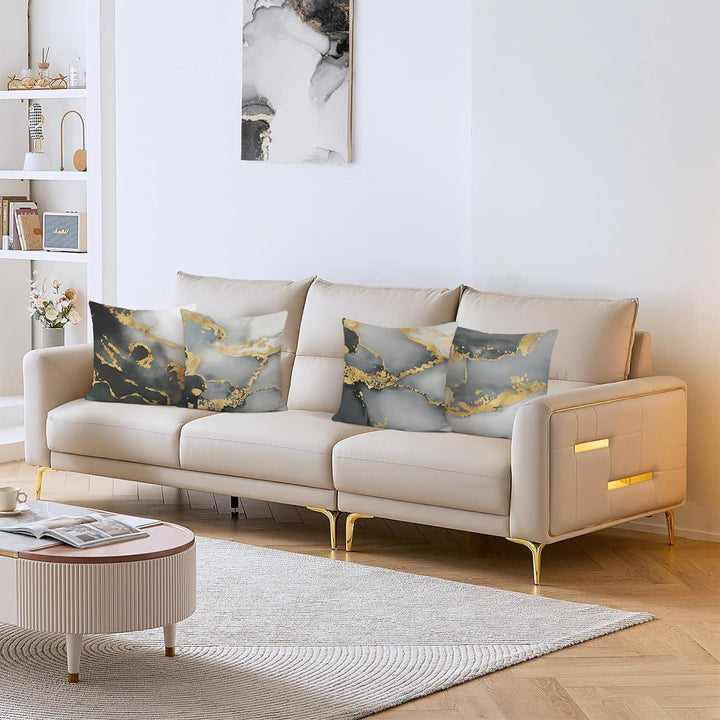 Bonhause 4er Set Kissenbezüge Marmor Grau 45 x 45 cm Doppelseitig Schwarz Gold Abstrakte Kunst Samt