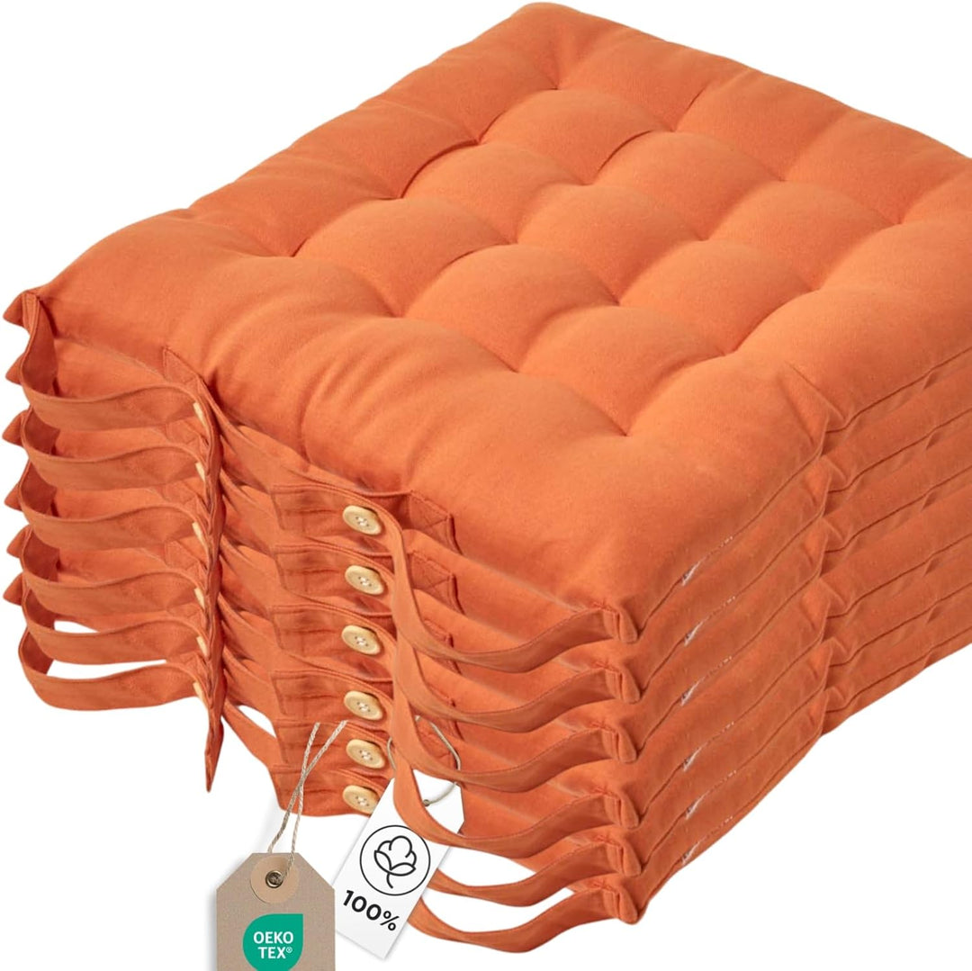 Homescapes 6er Set Stuhlkissen 40 x 40 cm, Terracotta-orange, Sitzkissen mit Bändern und Knopfversch