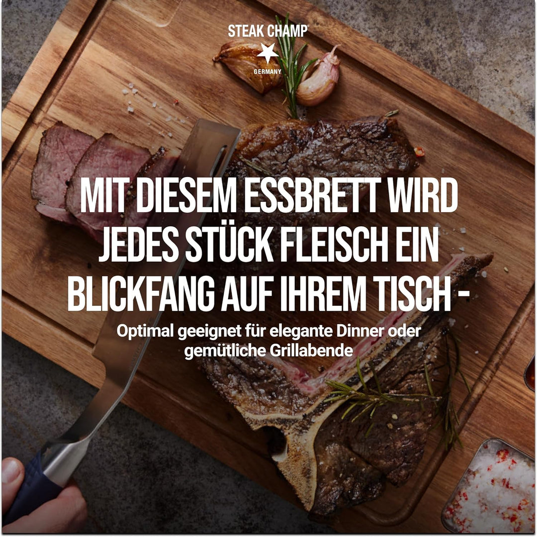 Steak Champ Premium Essbrett aus Akazie mit Sauciere: Servierbrett für Steak aus Holz ohne Gravur, o