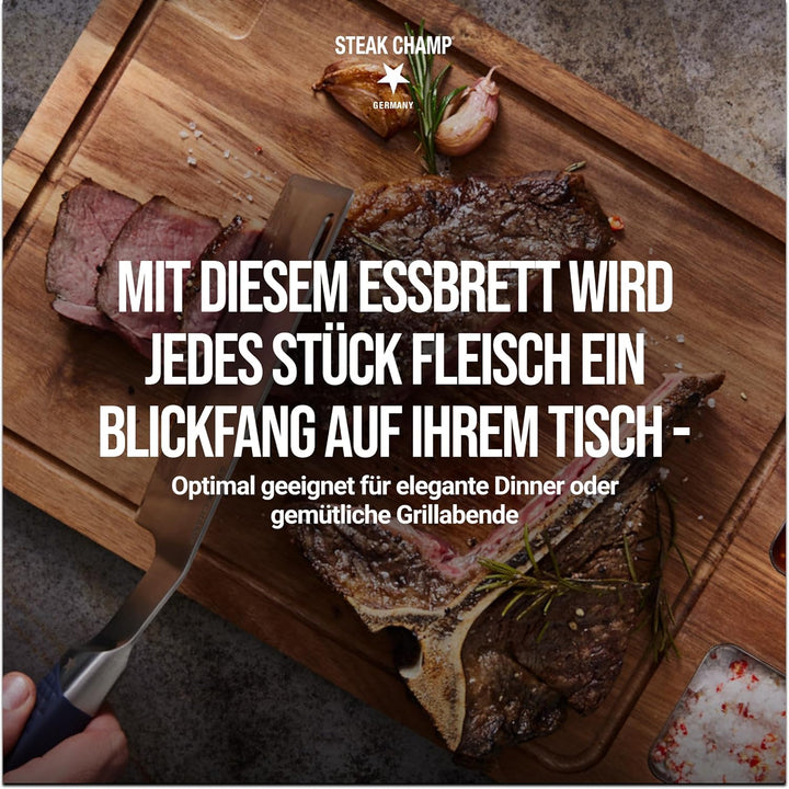 Steak Champ Premium Essbrett aus Akazie mit Sauciere: Servierbrett für Steak aus Holz ohne Gravur, o