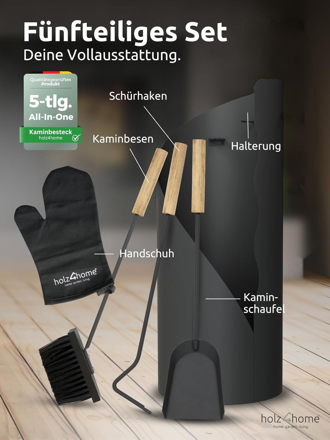 holz4home® Kaminbesteck 5-tlg. Grauschwarz mit Holzgriff inkl. Ofenhandschuh I Kaminset Kamingarnitu