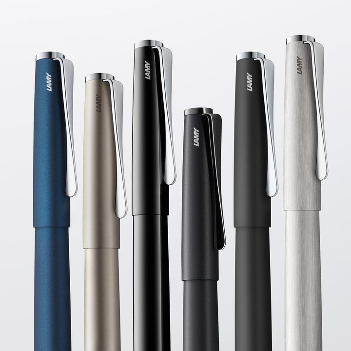 LAMY studio Premium Tintenroller 369 aus Edelstahl in mattem Lack-Finish, propellerförmige Clip-Dreh