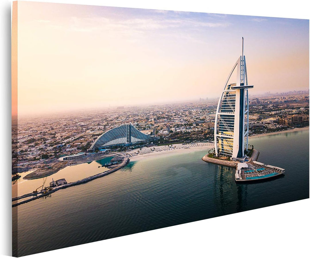 islandburner Bild auf Leinwand Dubai Seaside Skyline Und Burj Al Arab Luxushotel Bei Sonnenaufgang B