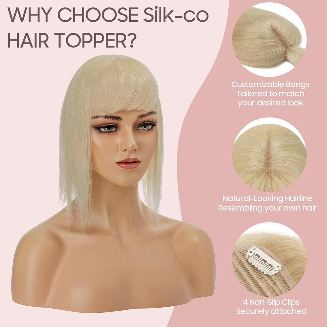 Silk-co Hair Topper Echthaar mit langem Pony, Toupet Damen 10x12cm Basis, Haartopper Echthaar mit Re