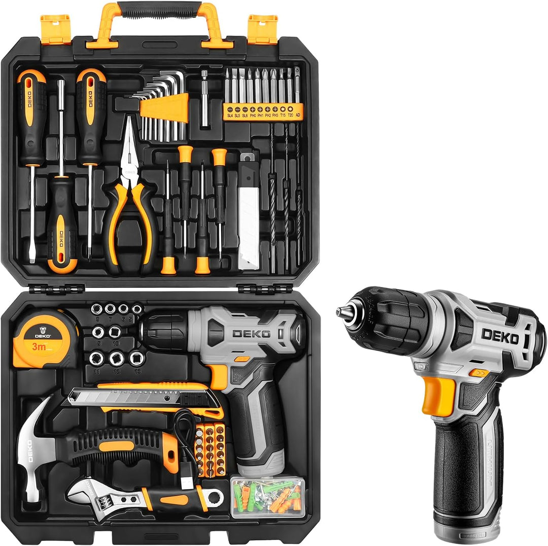 DEKO 126 Stück Elektrowerkzeug Combo Kits mit 8V Akku Bohrer, 10MM 3/8'' Keyless Chuck, Professionel