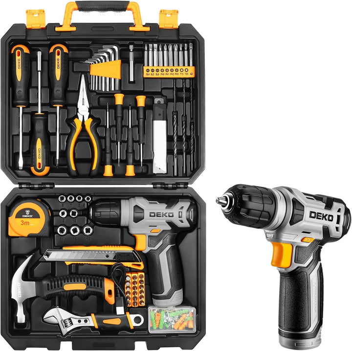 DEKO 126 Stück Elektrowerkzeug Combo Kits mit 8V Akku Bohrer, 10MM 3/8'' Keyless Chuck, Professionel
