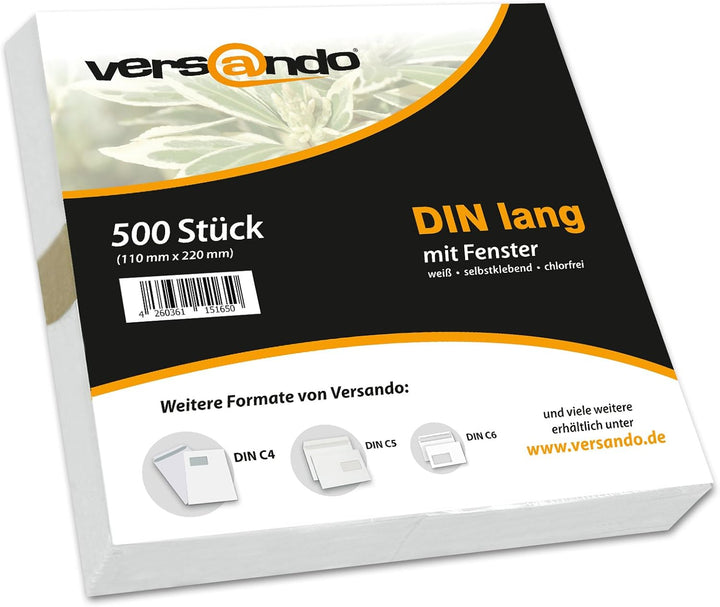 versando 500 Briefumschläge DIN lang mit Fenster mF selbstklebend sk Fensterbriefumschläge 22 x 11 c