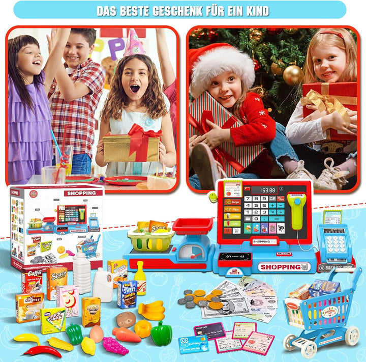 Kasse Kinder Spielzeug, Kinderkasse mit Scanner, Sound, Rechnerfunktion, Spielgeld und Zubehör, Kauf