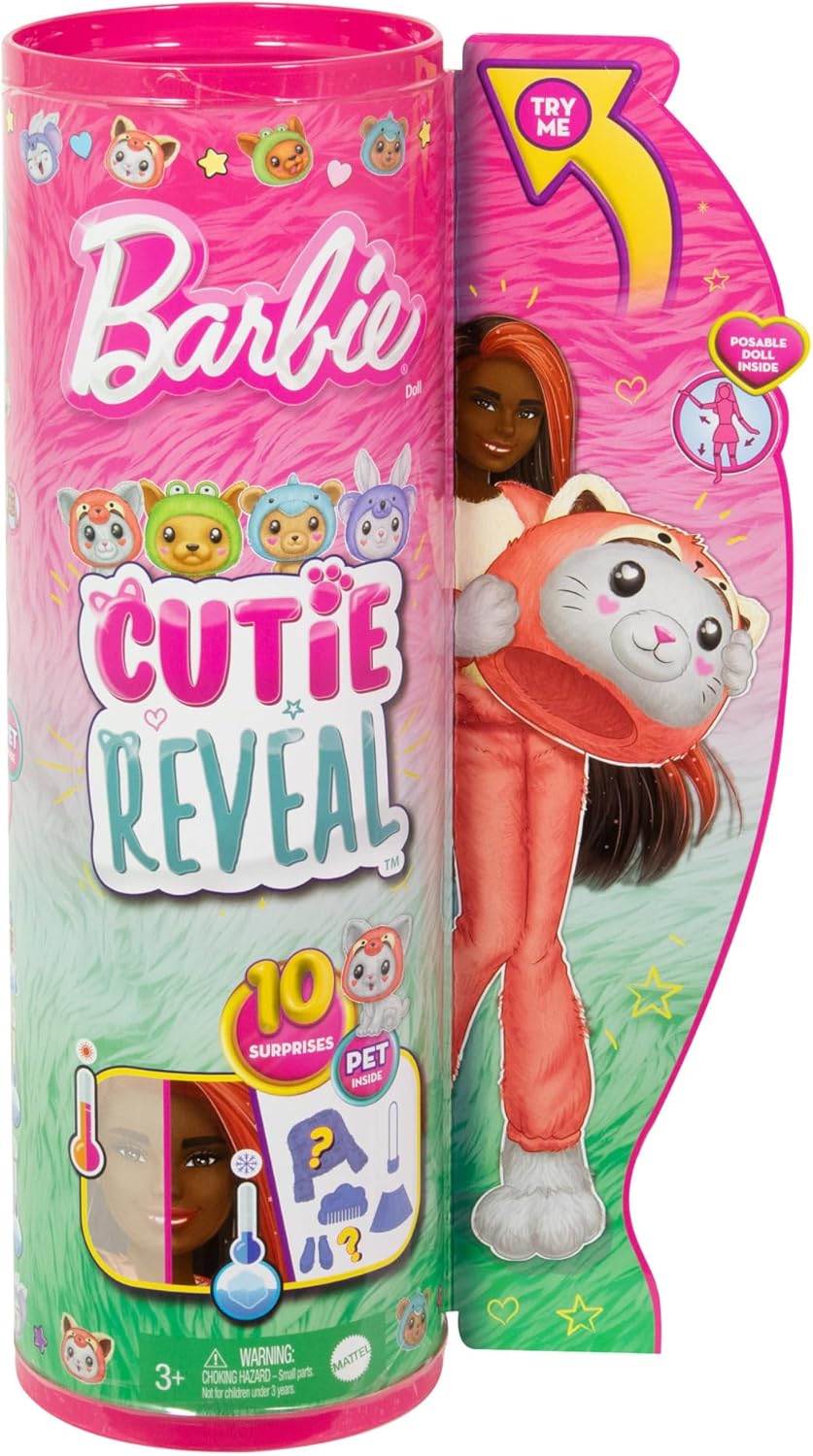 BARBIE Cutie Reveal Puppe - 10 Überraschungen, Plüschtierfreunde, Outfits und Farbwechselspass, Rote