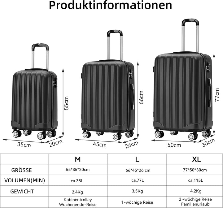 BEIBYE TSA-Schloss 2080 Zwillingsrollen 3 TLG. Reisekofferset Koffer Kofferset Trolley Trolleys Hart
