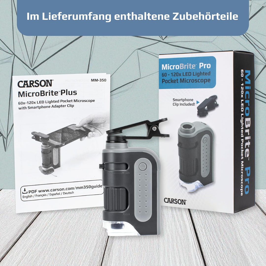 Carson MicroBrite Pro 60x-120x LED Taschenmikroskop mit asphärischem Linsensystem und Smartphone-Ada