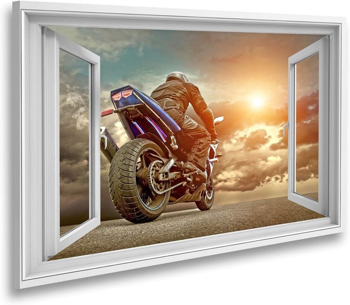 islandburner Bild auf Leinwand Fensterblick Mann sitzt auf dem Motorrad unter Wolken am Himmel Sagen