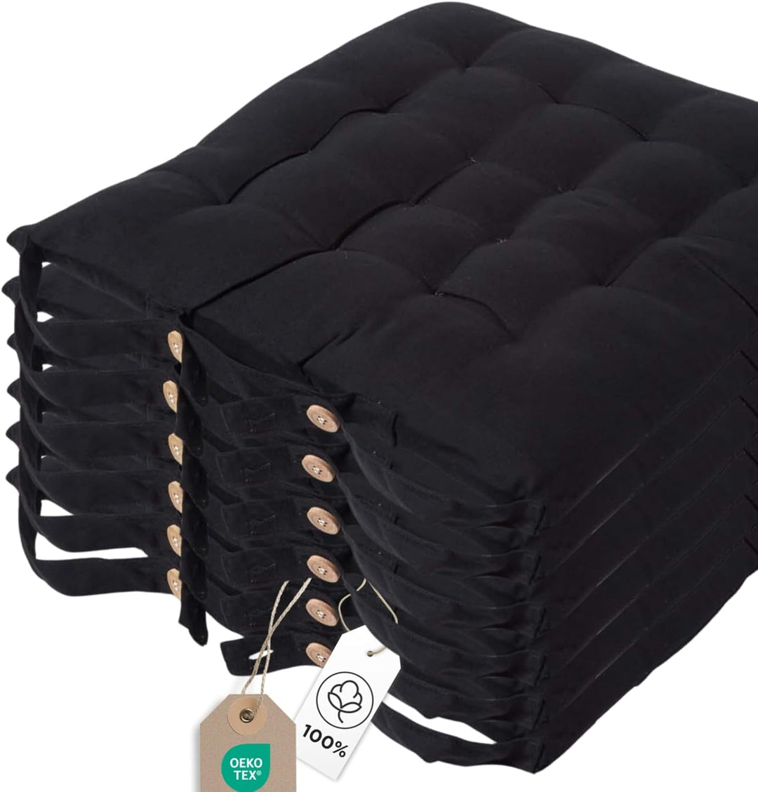 Homescapes 6er Set Stuhlkissen 40 x 40 cm, schwarz, Sitzkissen mit Bändern und Knopfverschluss, einf