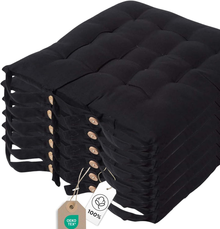 Homescapes 6er Set Stuhlkissen 40 x 40 cm, schwarz, Sitzkissen mit Bändern und Knopfverschluss, einf