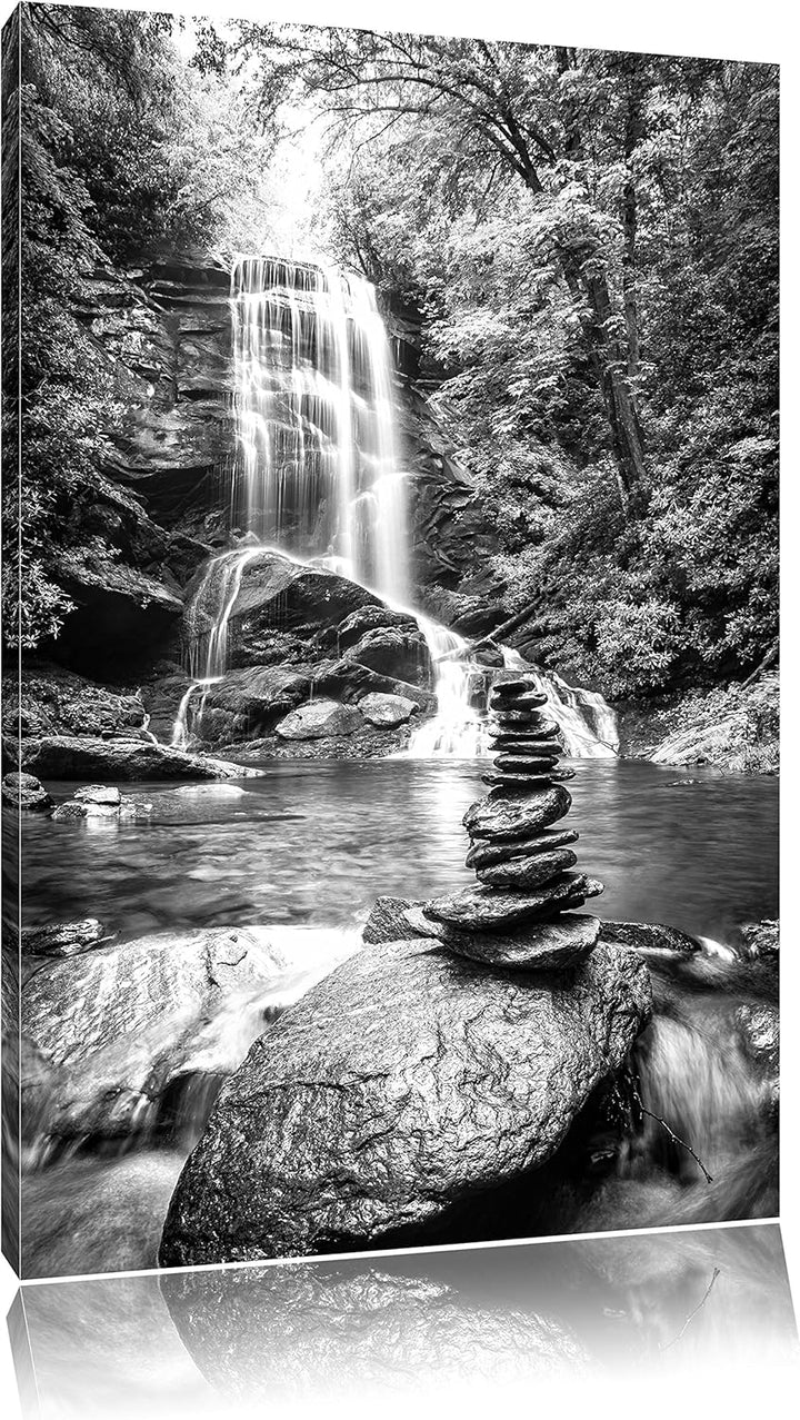 Pixxprint Zen Steine vor Wasserfall Kunst B&W, Format: 100x70 auf Leinwand, 100x70