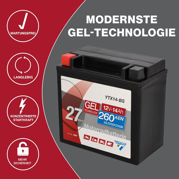 CARTEC Motorradbatterie YTX14-BS, 12Ah, 200A, Gel Technologie Motorrad-Starter-Batterie, Erstausrüst
