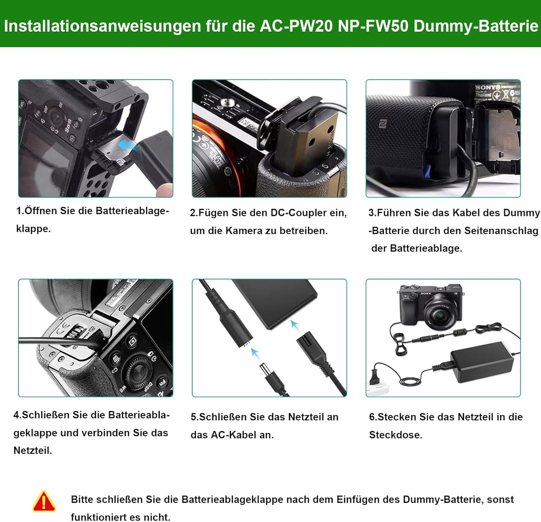 Gonine AC-PW20 Netzteil NP-FW50 Dummy Akku Kit für Sony Alpha ZV-E10 A7 A7R A7S A7II A7RII A7SII A65