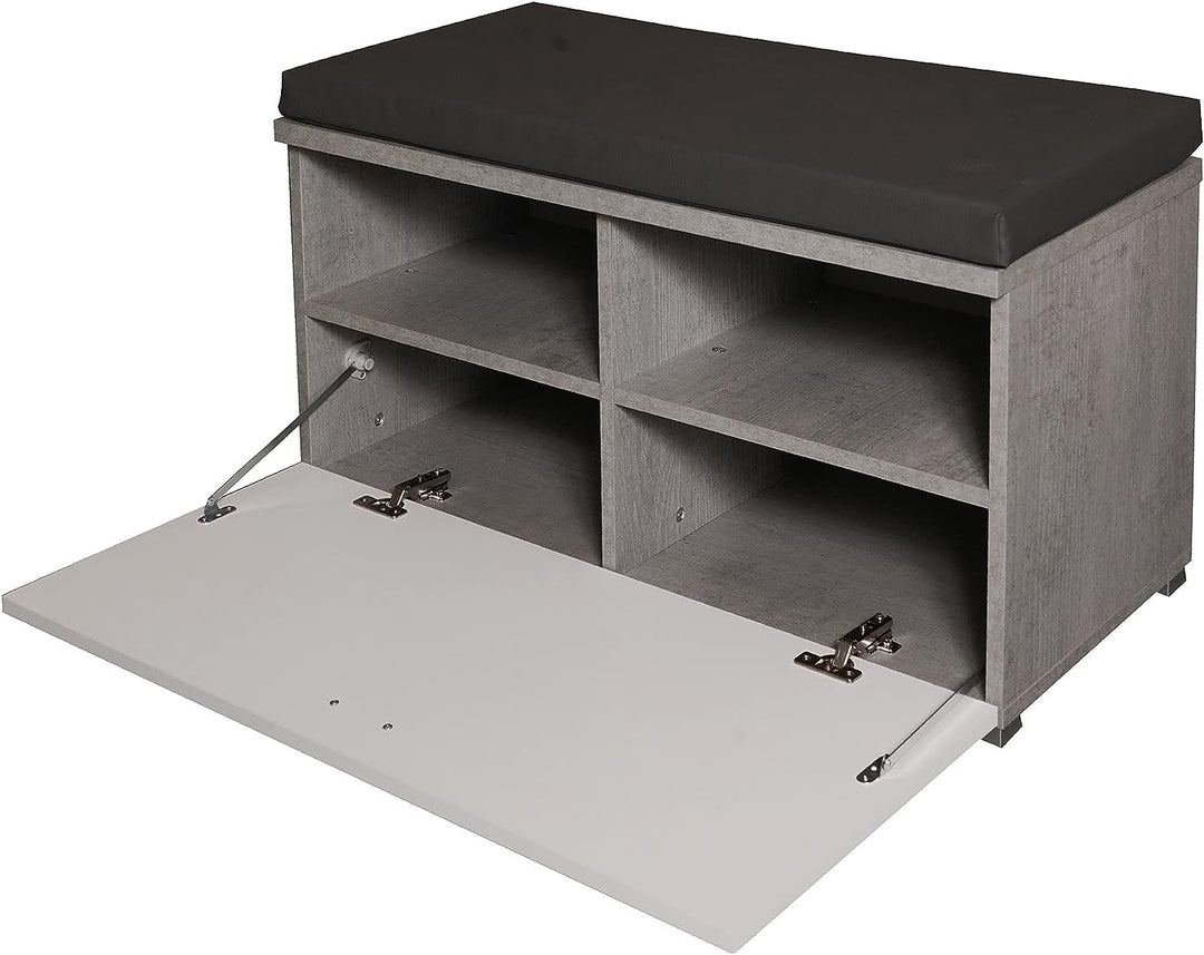 Dmora Modernes Schuhregal mit 1 Klapptür und 4 Fächern, platzsparender Eingangsschuhregal, Bank mit