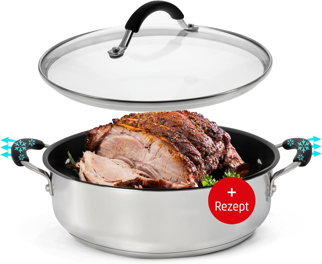 Coolinato Schmorpfanne Edelstahl 28cm beschichtet Schmortopf inkl. Glasdeckel, Bräter für Gas Ceran