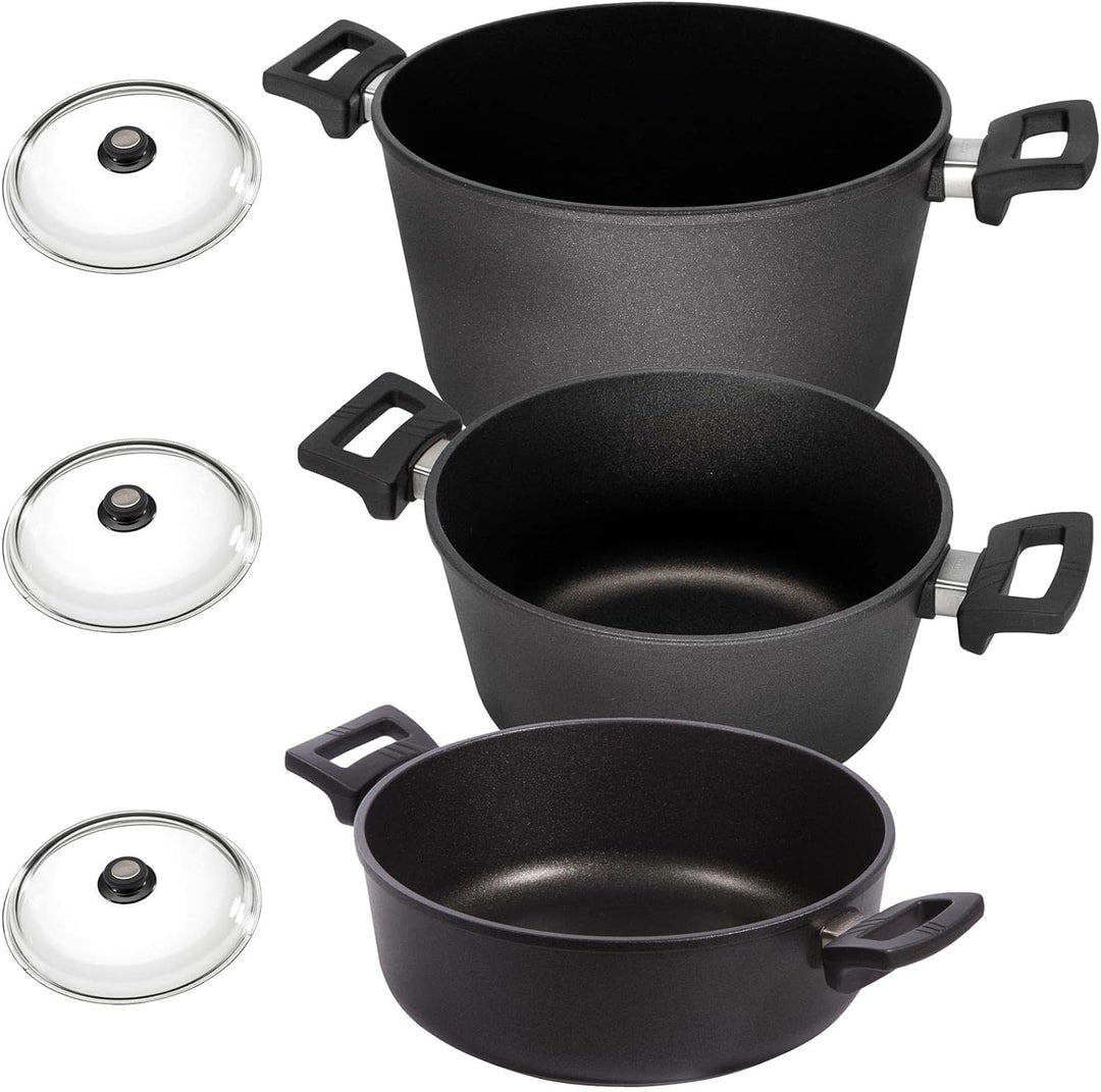 Eurolux Universal-Topfset Induktion Aluguss beschichtet 6-teilig - schwarze Koch-Töpfe Set & Deckel