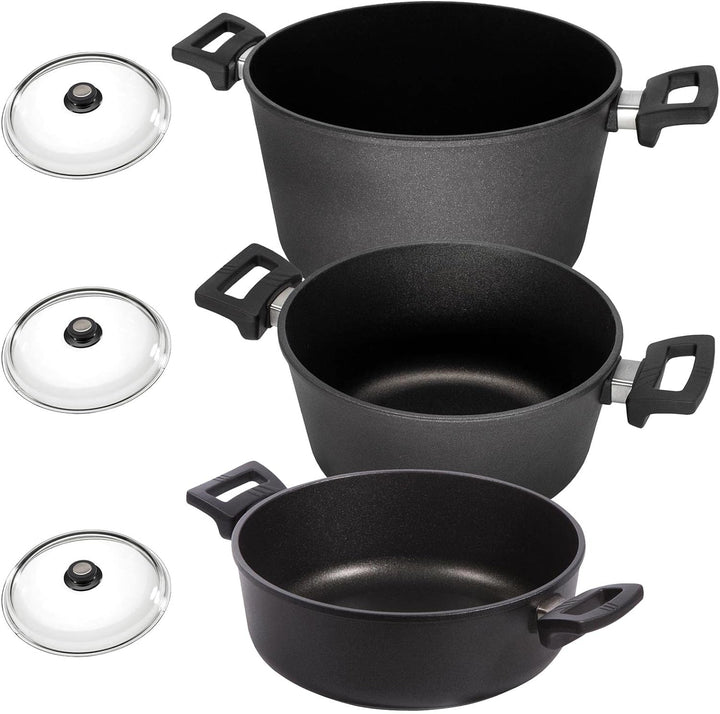 Eurolux Universal-Topfset Induktion Aluguss beschichtet 6-teilig - schwarze Koch-Töpfe Set & Deckel