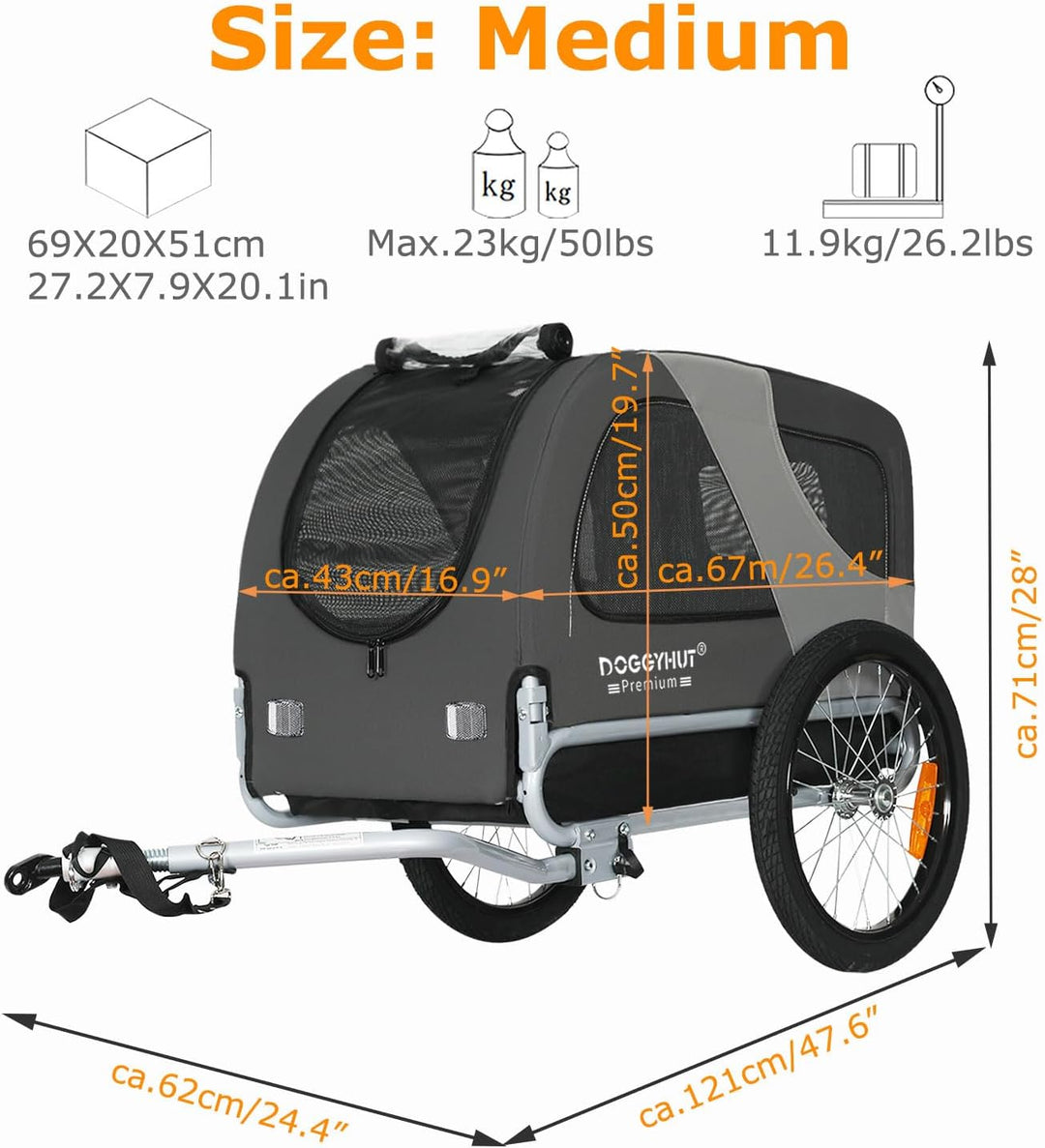 DOGGYHUT® Premium MEDIUM Fahrrad Hundeanhänger für Hunde bis 23 kg Fahrradanhänger Klappbar GRAU, GR