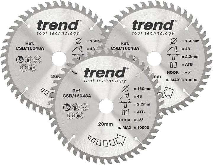 Trend CraftPro Dreierpack TCT-Kreissägeblätter, 160mm Durchmesser x 48 Zähne x 20mm Bohrung, Hartmet