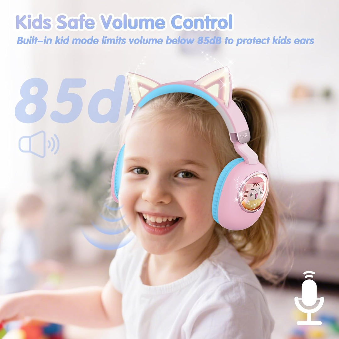 sunvito Kinder Kopfhörer Bluetooth 5.4, LED Beleuchtetes Katzenohr, Faltbarer Over-Ear Kopfhörer mit