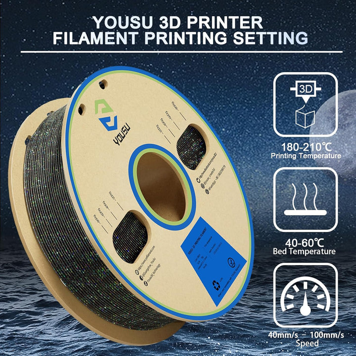YOUSU 3D-Drucker-Filament, PLA-Filament, 1,75 mm, Laser-Paillette-Serie, Galaxy-Schwarz-Filament, 1