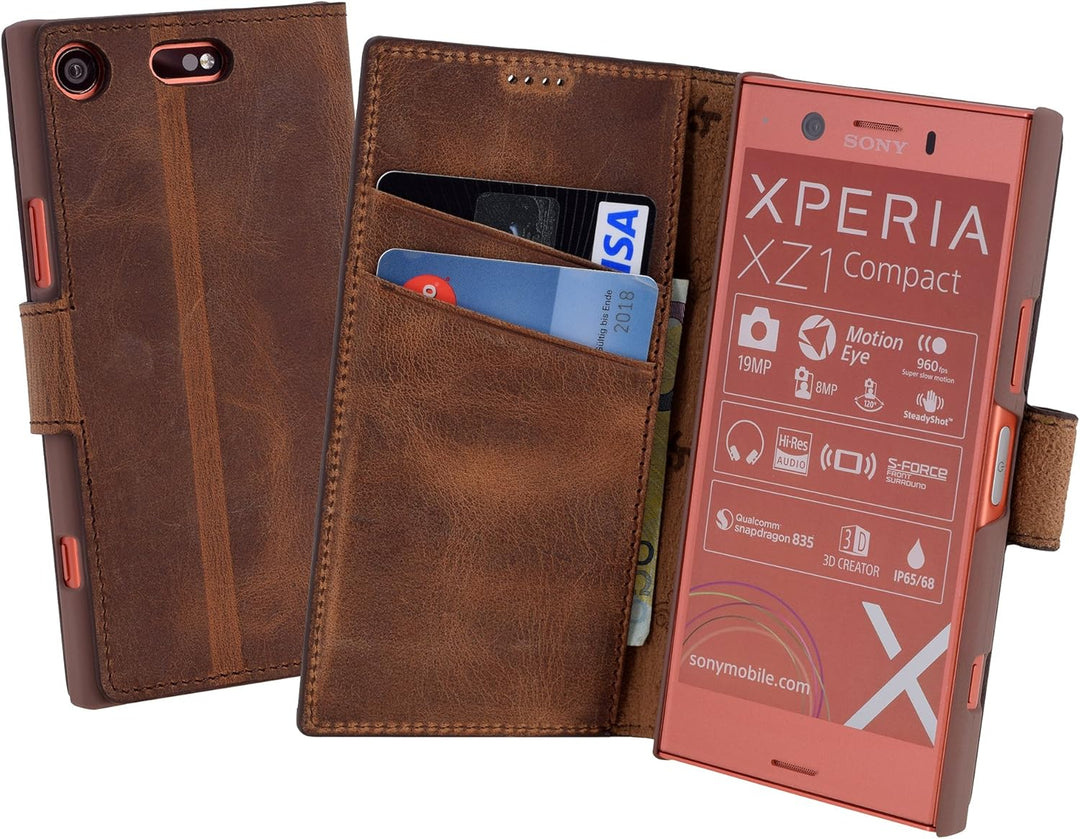Suncase Book-Style für Sony Xperia XZ1 Compact (Slim-Fit) Ledertasche Leder Tasche Handytasche Schut