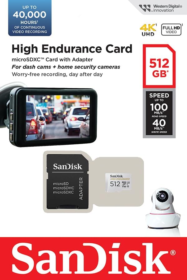 SanDisk High Endurance microSDXC Speicherkarte 512 GB + Adapter (Für Dash-Cams und Private Überwachu