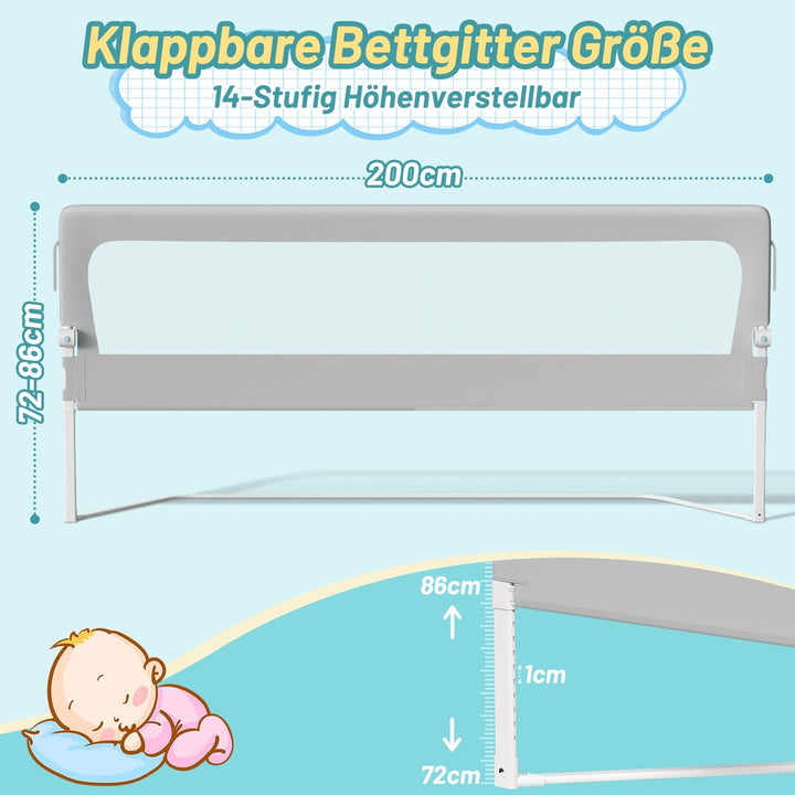 Tubiaz 2x200cm+1x180cm Bettgitter Rausfallschutz, Kinderbettgitter um 180 Grad Klappbar, Bettschutzg