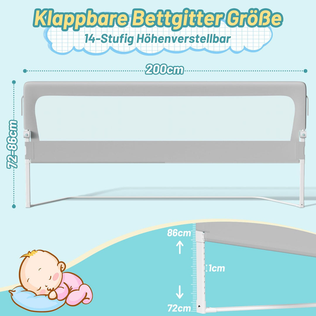 Tubiaz 200cm Bettgitter Rausfallschutz, Kinderbettgitter um 180 Grad Klappbar, Bettschutzgitter Höhe