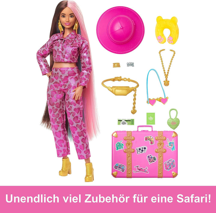 Barbie Extra Fly - Safari-Reise-Puppe mit pinkem Outfit und Zubehör, beweglicher Körper, 15 Accessoi
