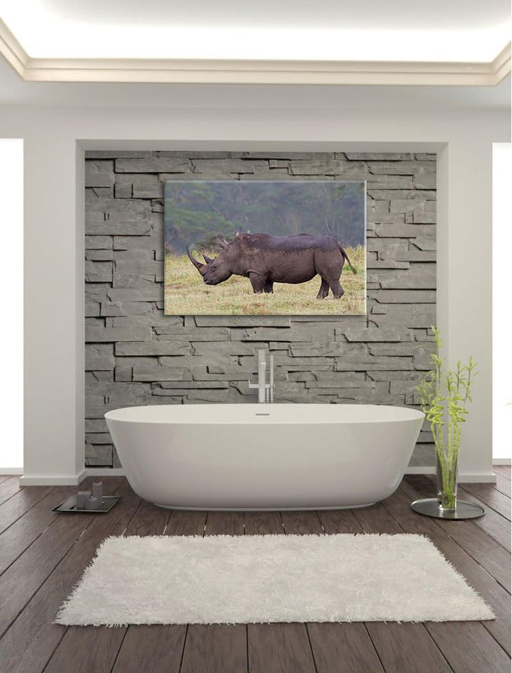 grosses Nashorn in der Savanne Leinwand, XXL riesige Bilder fertig gerahmt mit Keilrahmen, Kunstdruc