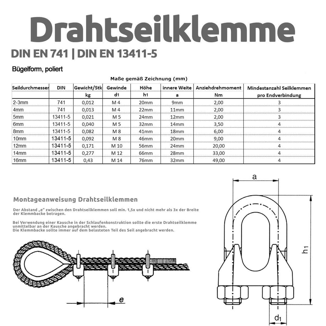 Drahtseile24 Drahtseil Set mit 4x Drahtseilklemmen, 1x Kauschen & 2x Spannschlössern | Stahlseil spa