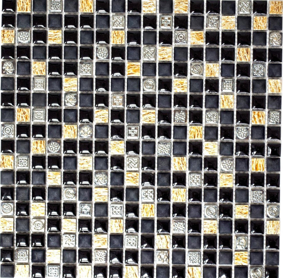 Mosaik Quadrat Resin/Stein mix schwarz mit kupfer Glasmosaik Rustikal, Mosaikstein Format: 15x15x8 m