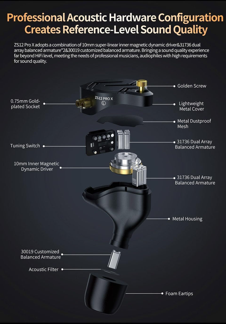 Yinyoo KZ ZS12 PRO X In Ear Monitor Kopfhörer Kabel,1DD 5BA 4-Schalter-Abstimmung IEM,Super Linearer