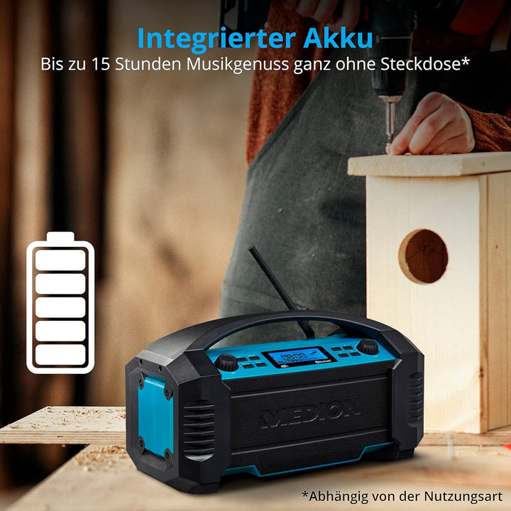 MEDION E66050 DAB+ Baustellenradio (Integrierter Akku, IP54 Schutz gegen Spritzwasser & Staub, USB-L